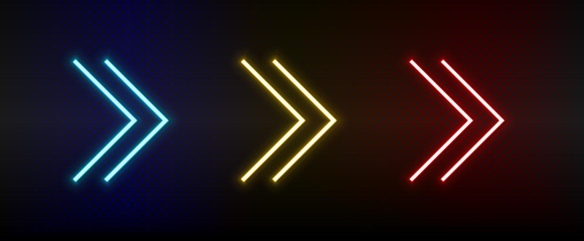 Neon icons. Ui arrow. Set of red, blue, yellow neon vector icon on darken background