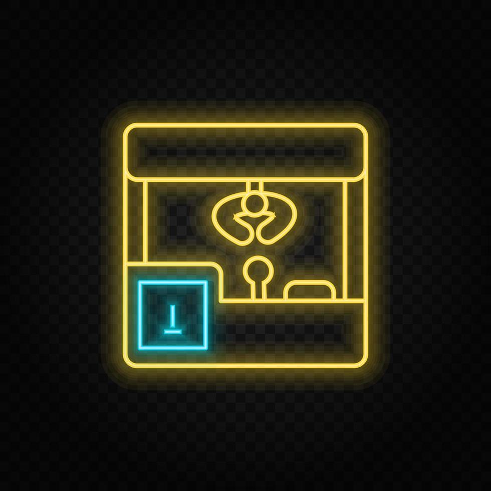 Claw machine, game, retro neon icon. Blue and yellow neon vector icon. Vector transparent background