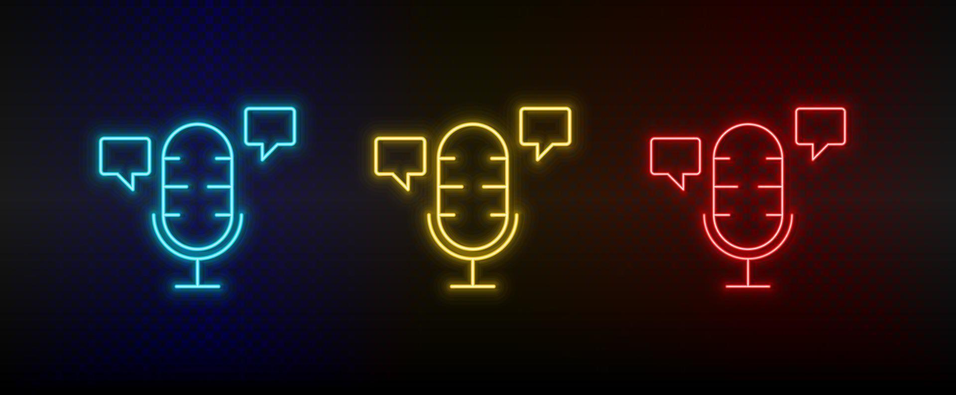 Neon icons. microphone smart chat bobble. Set of red, blue, yellow neon vector icon on darken background
