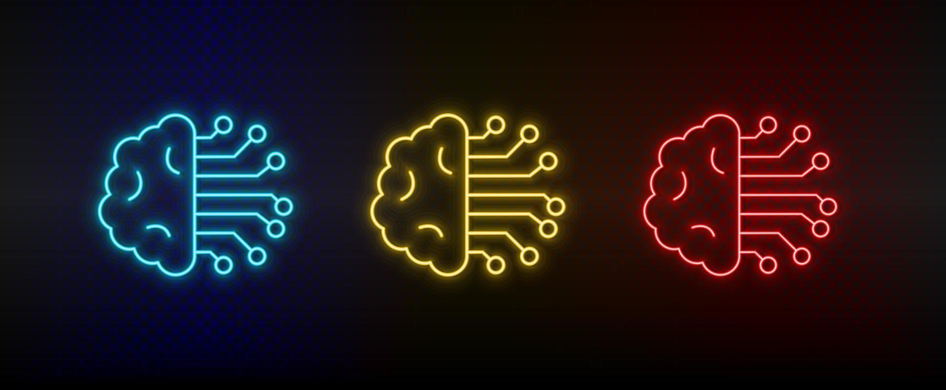 Neon icons. intelligence brain. Set of red, blue, yellow neon vector icon on darken background