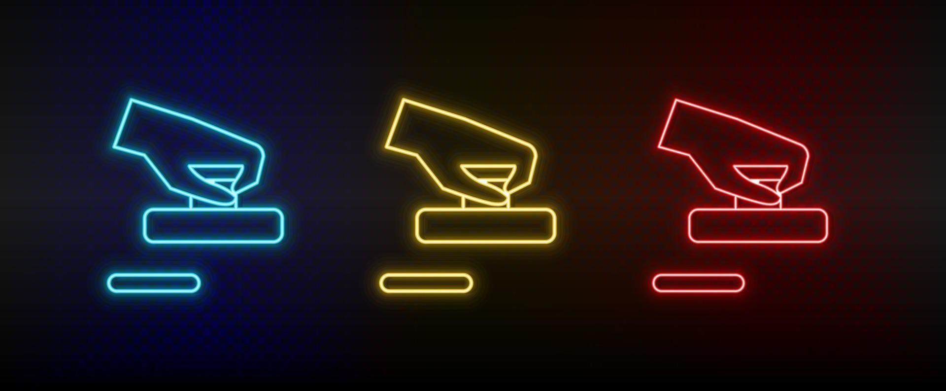 Neon icons. Air hockey board game hand. Set of red, blue, yellow neon vector icon on darken background