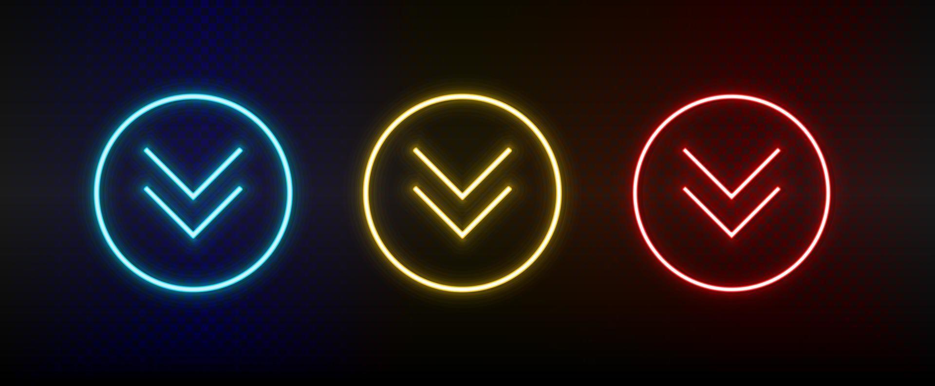 Neon icons. Ui arrow. Set of red, blue, yellow neon vector icon on darken background