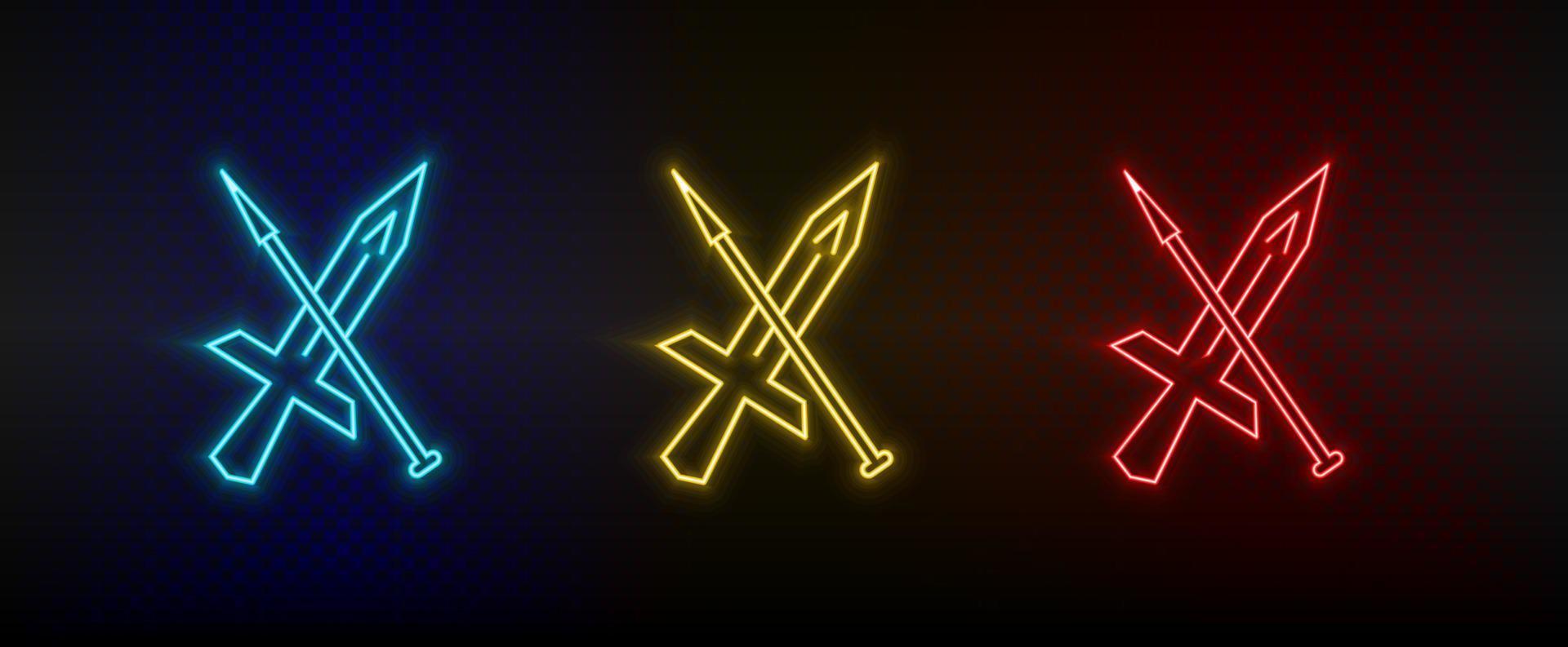 Neon icons. Sward fighting games retro. Set of red, blue, yellow neon vector icon on darken background