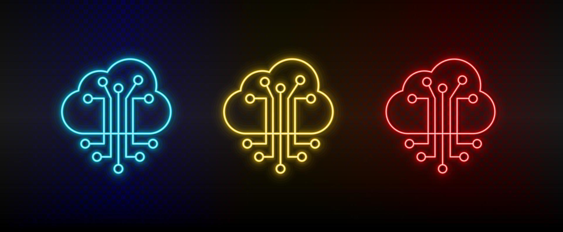 Neon icons. cloud smart information network. Set of red, blue, yellow neon vector icon on darken background
