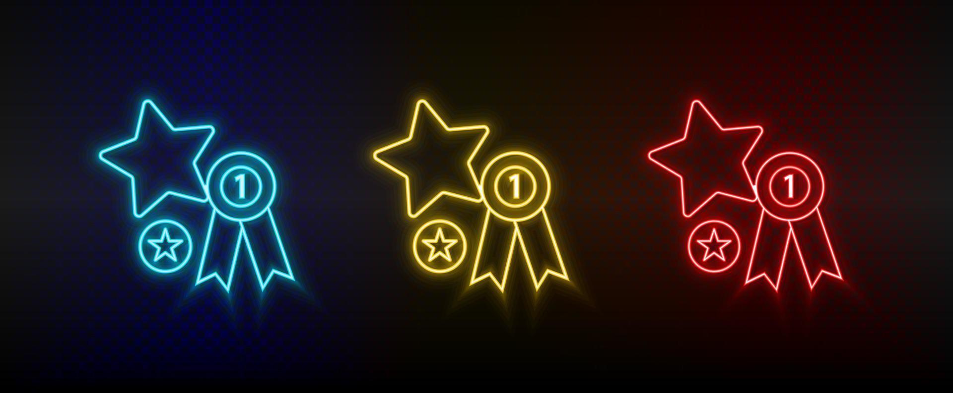 Neon icons. Certification winner favorite. Set of red, blue, yellow neon vector icon on darken background
