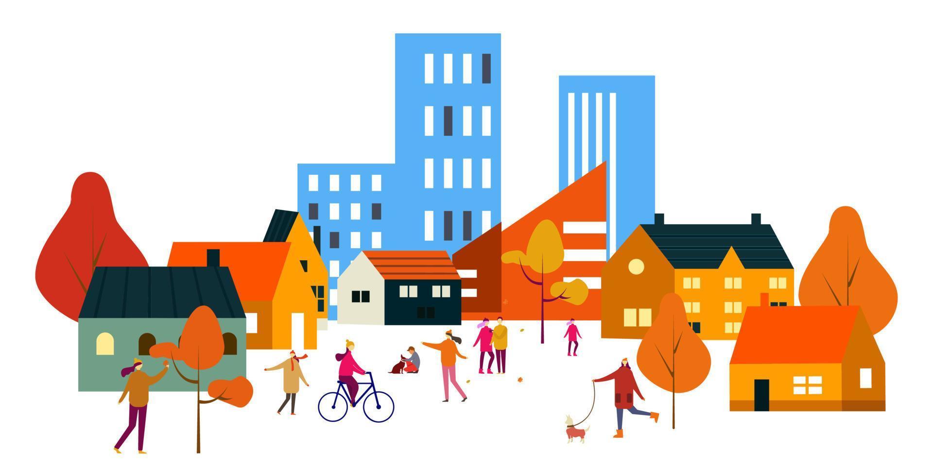 ilustración vectorial en estilo lineal plano y simple - gente caminando en el parque público de otoño - personajes disfrutando del otoño - hombre con teléfono móvil en el banco, tipo montando bicicleta, pareja tomándose de la mano vector