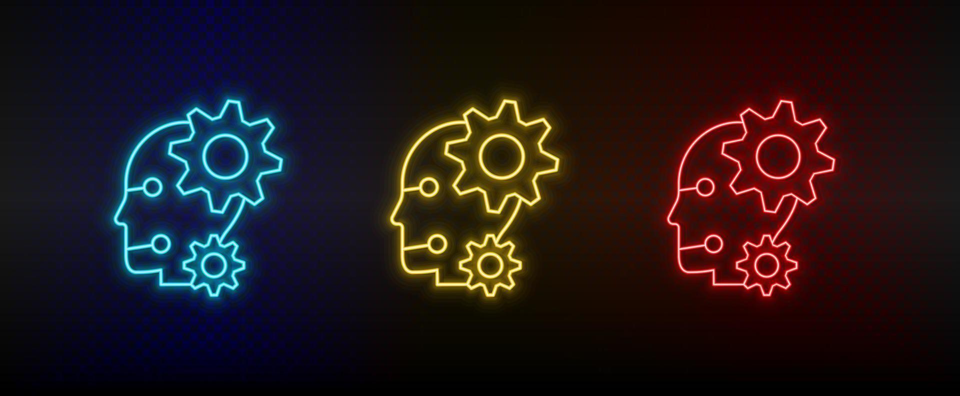 Neon icons. robot settings. Set of red, blue, yellow neon vector icon on darken background