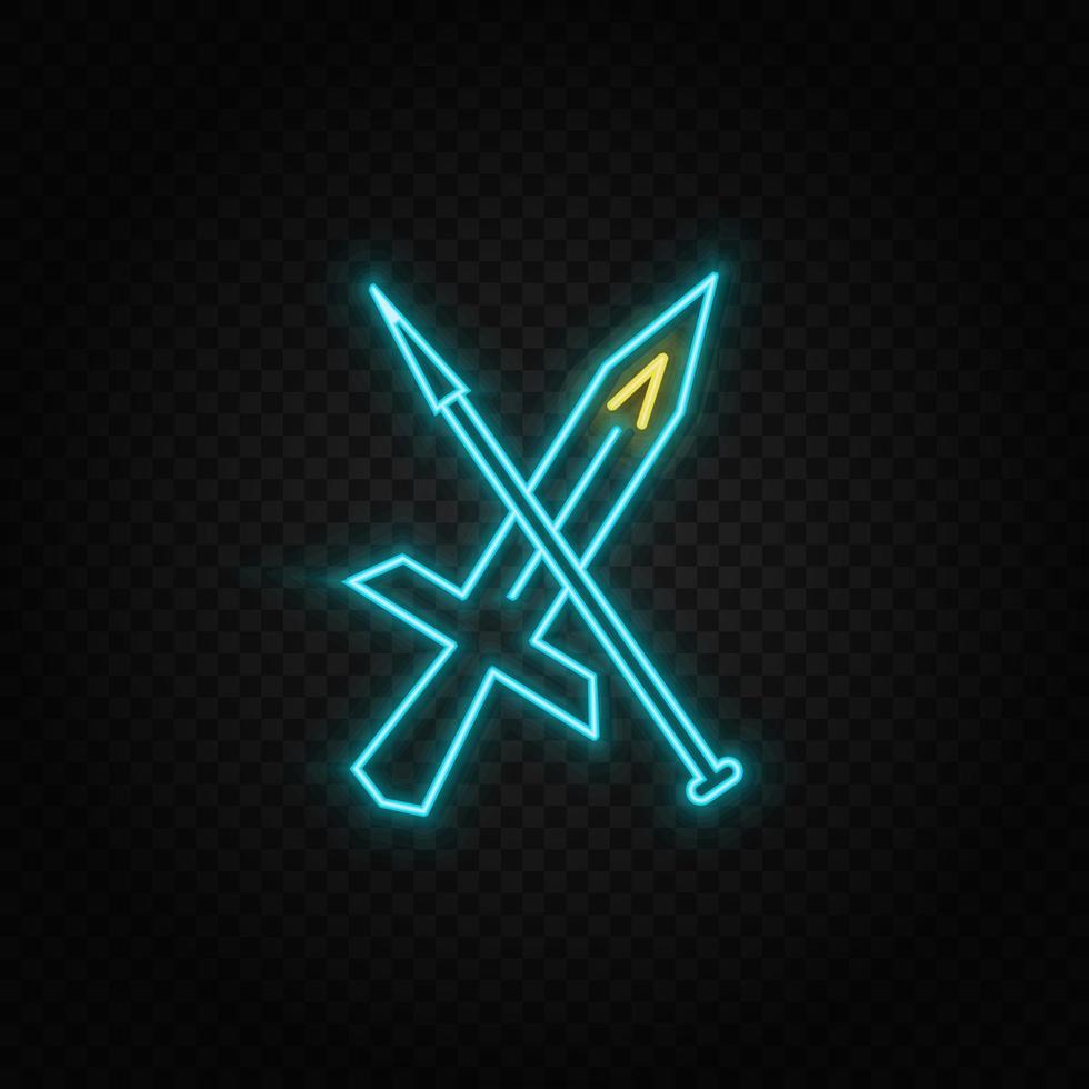 Sward, fighting games, retro neon icon. Blue and yellow neon vector icon. Vector transparent background