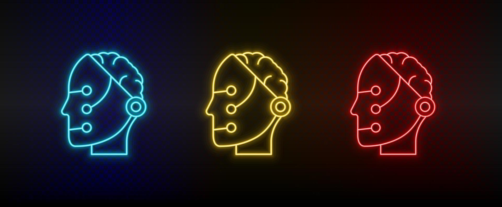 Neon icons. memory robot intelligence smart. Set of red, blue, yellow neon vector icon on darken background