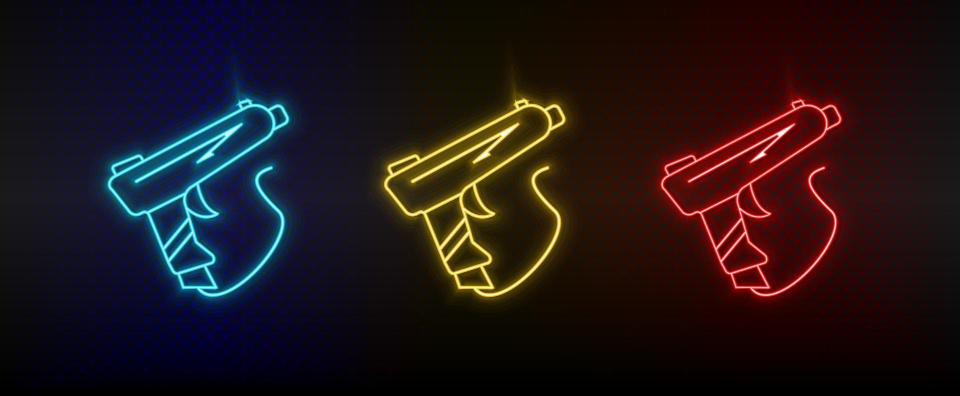 iconos de neón. juego de disparos de armas arcade retro. conjunto de icono de vector de neón rojo, azul, amarillo sobre fondo oscuro