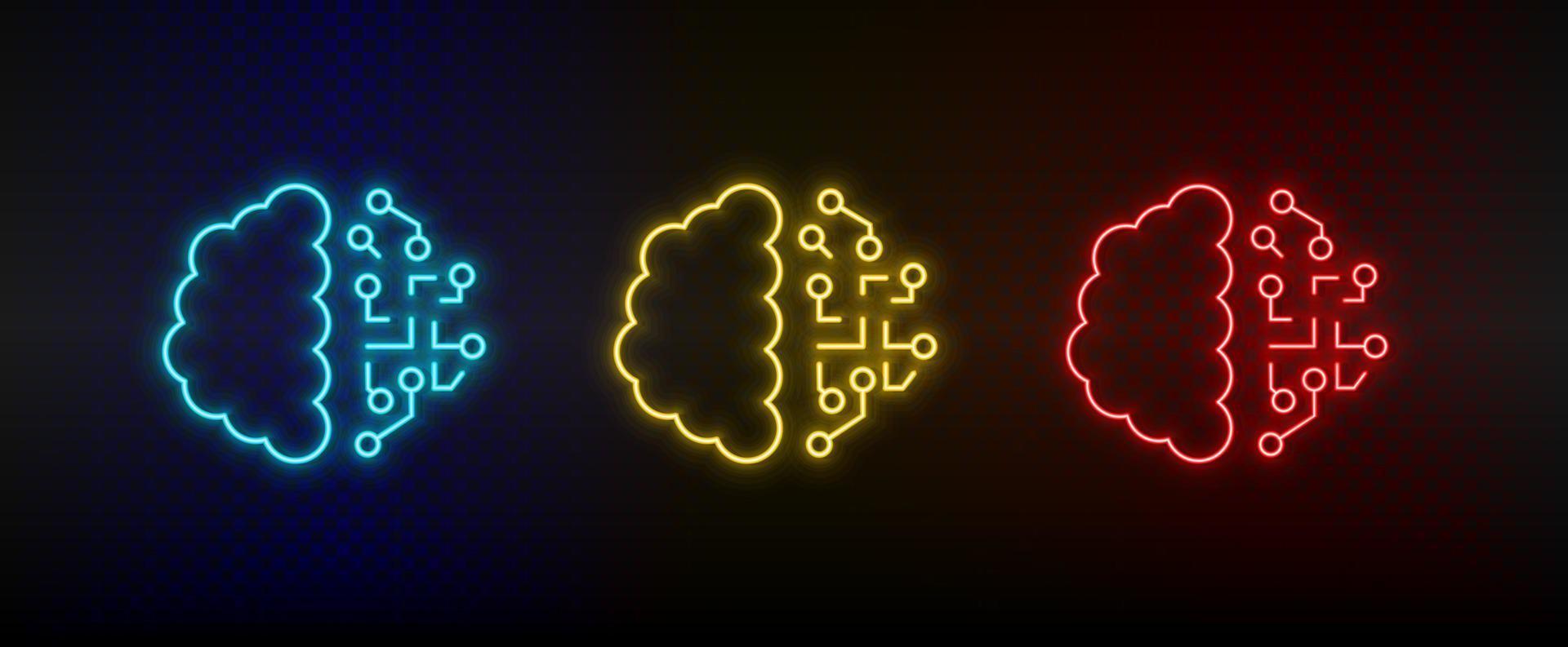 Neon icons. brain intelligence. Set of red, blue, yellow neon vector icon on darken background