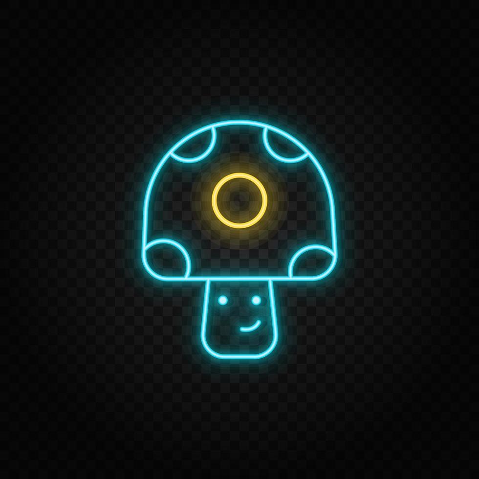 Video game, mushroom, retro, arcade neon icon. Blue and yellow neon vector icon. Vector transparent background