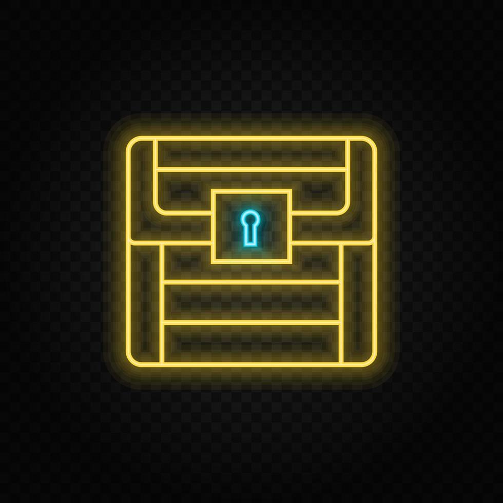 Treasure chest, pirate, retro neon icon. Blue and yellow neon vector icon. Vector transparent background