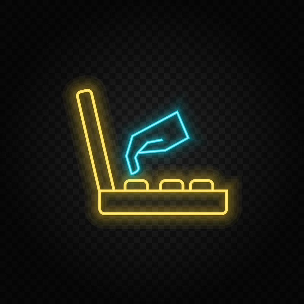 Game retro console, arcade, hand neon icon. Blue and yellow neon vector icon. Vector transparent background