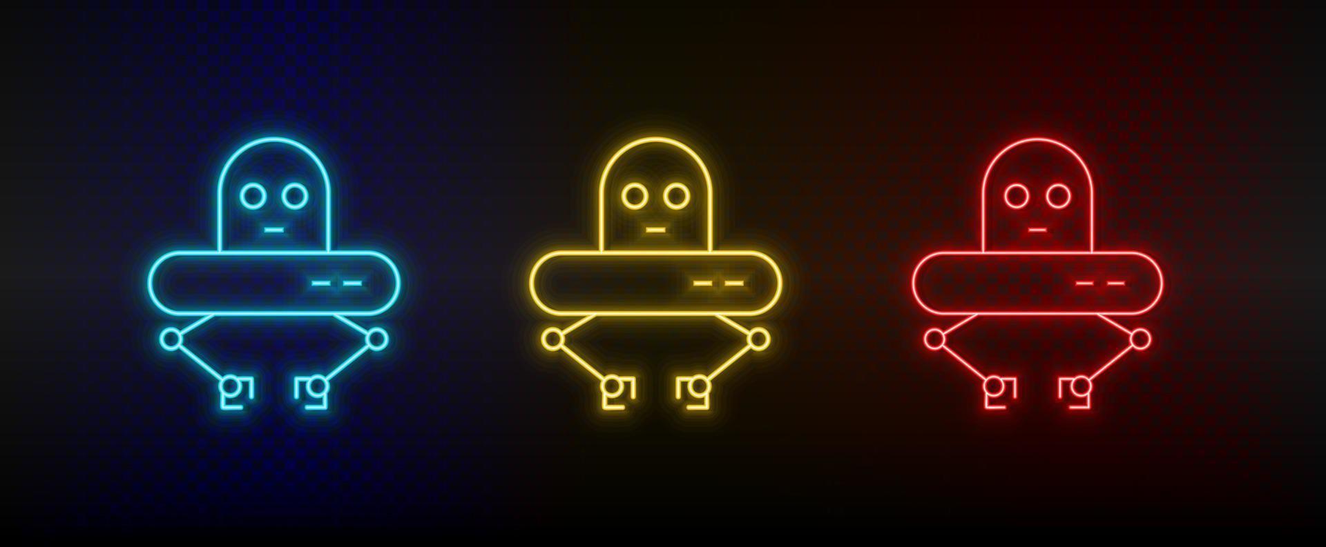 Neon icons. robot ufo. Set of red, blue, yellow neon vector icon on darken background