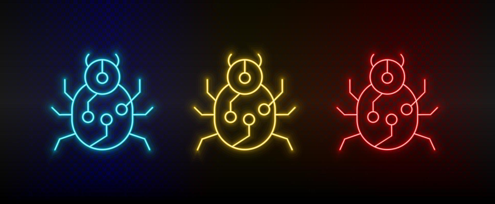 Neon icons. virus bug. Set of red, blue, yellow neon vector icon on darken background