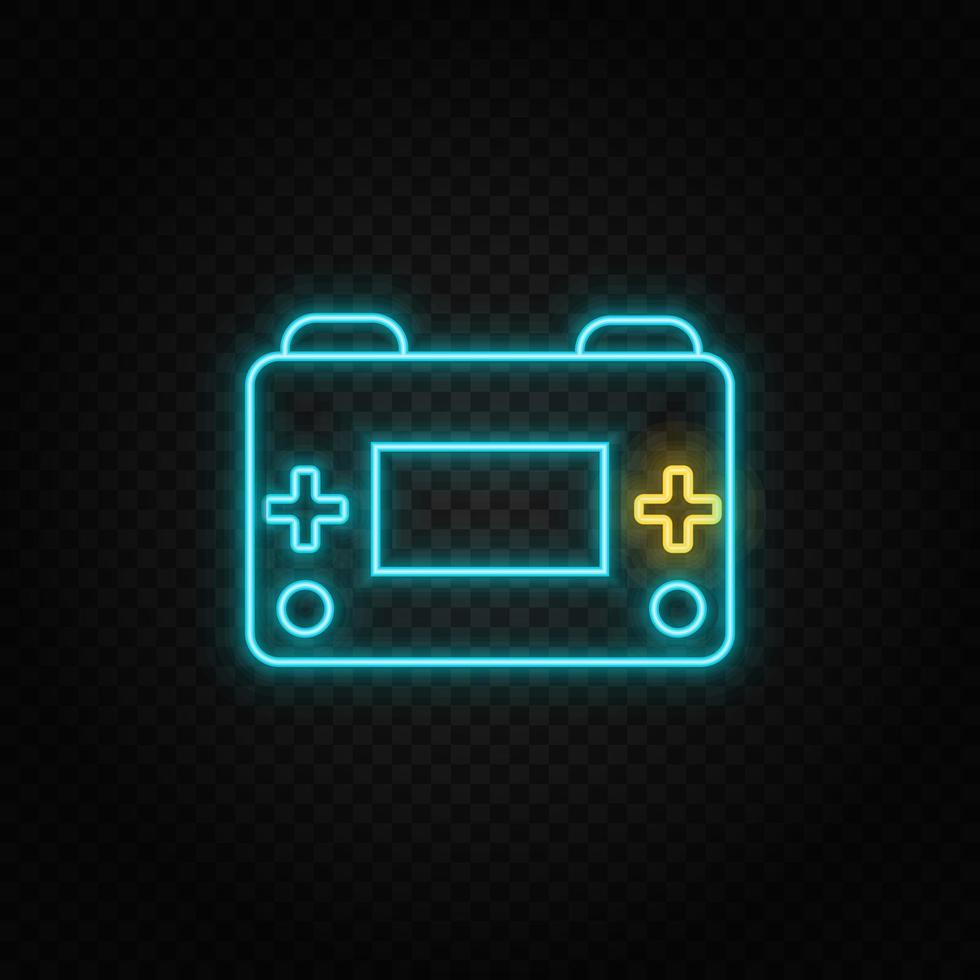 retro, arcade, icono de neón de la consola de juegos. icono de vector de neón azul y amarillo. fondo transparente de vectores