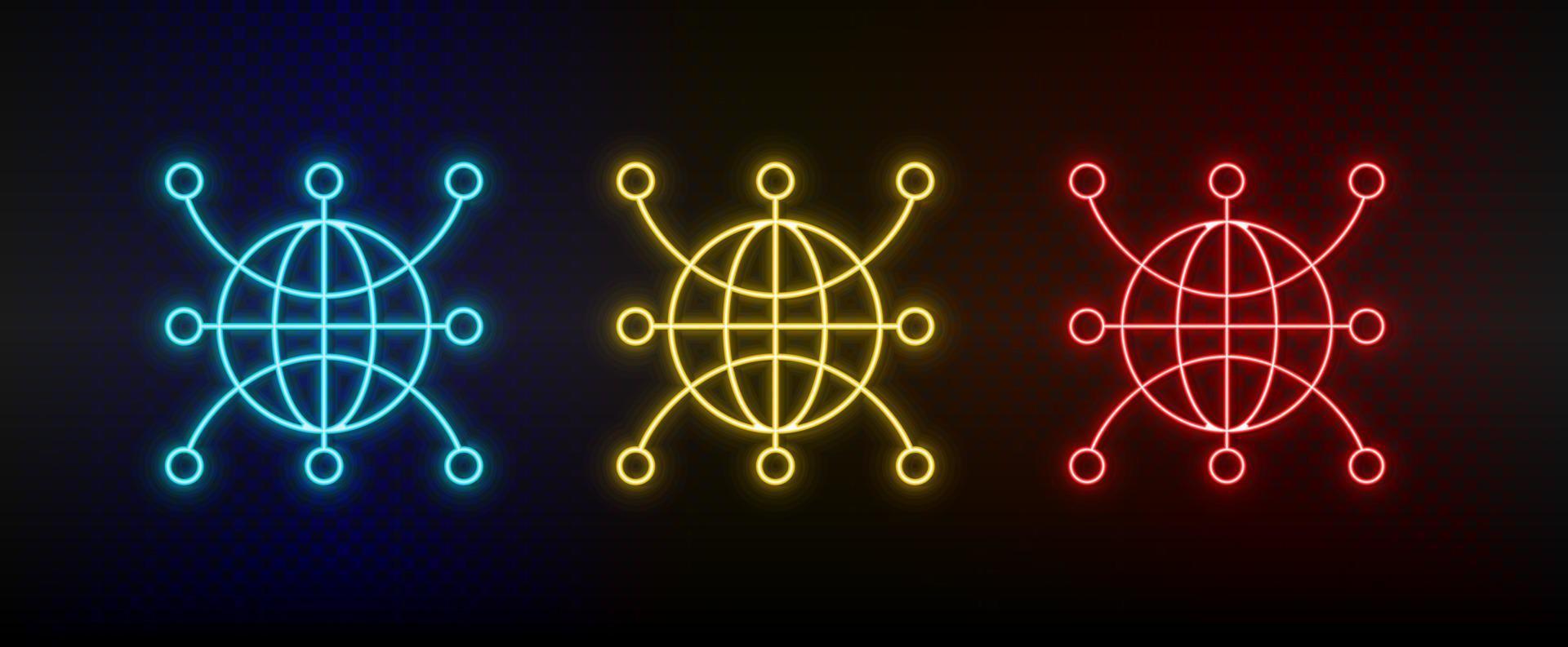 iconos de neón. mundo de la red global web. conjunto de icono de vector de neón rojo, azul, amarillo sobre fondo oscuro