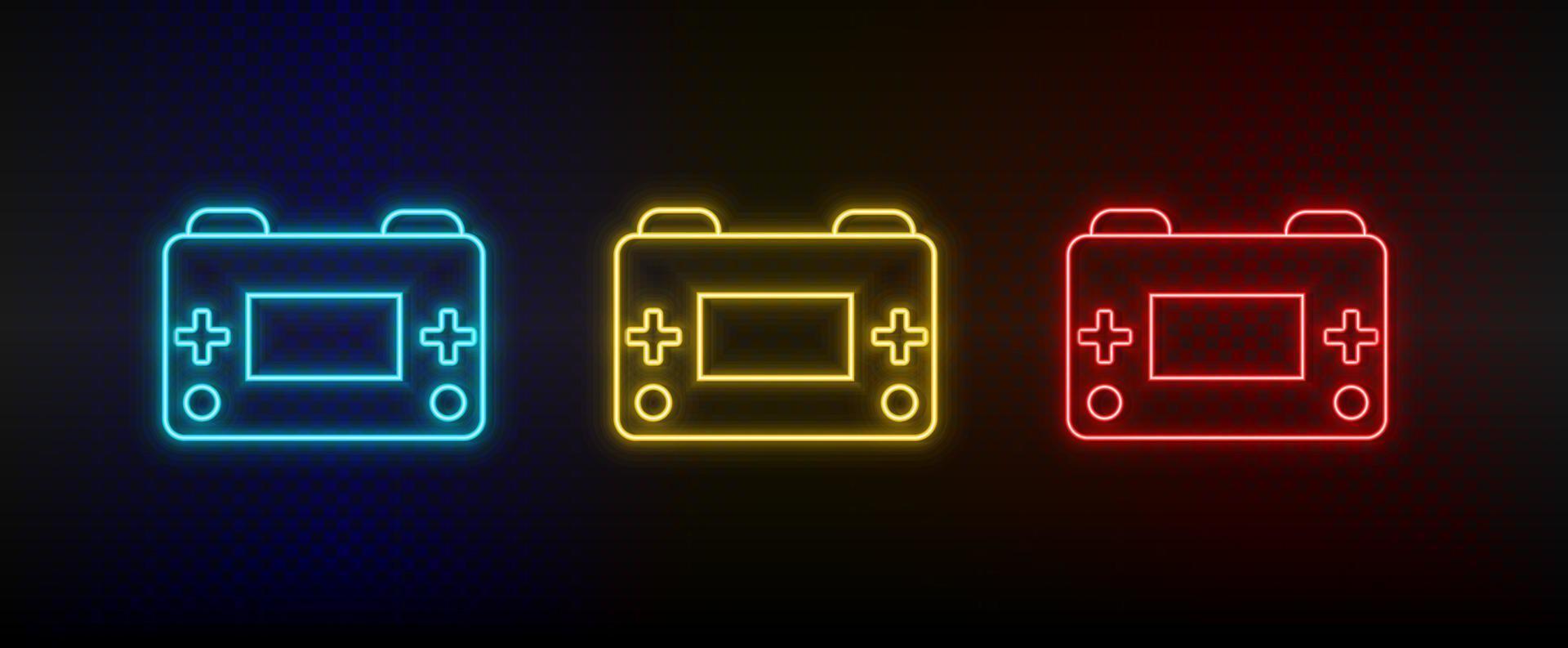 Neon icons. Retro arcade game console. Set of red, blue, yellow neon vector icon on darken background