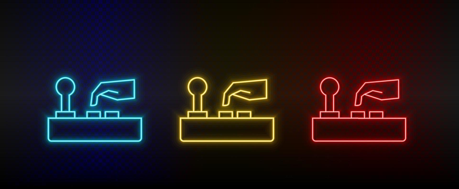 Neon icons. Arcade joystick game. Set of red, blue, yellow neon vector icon on darken background