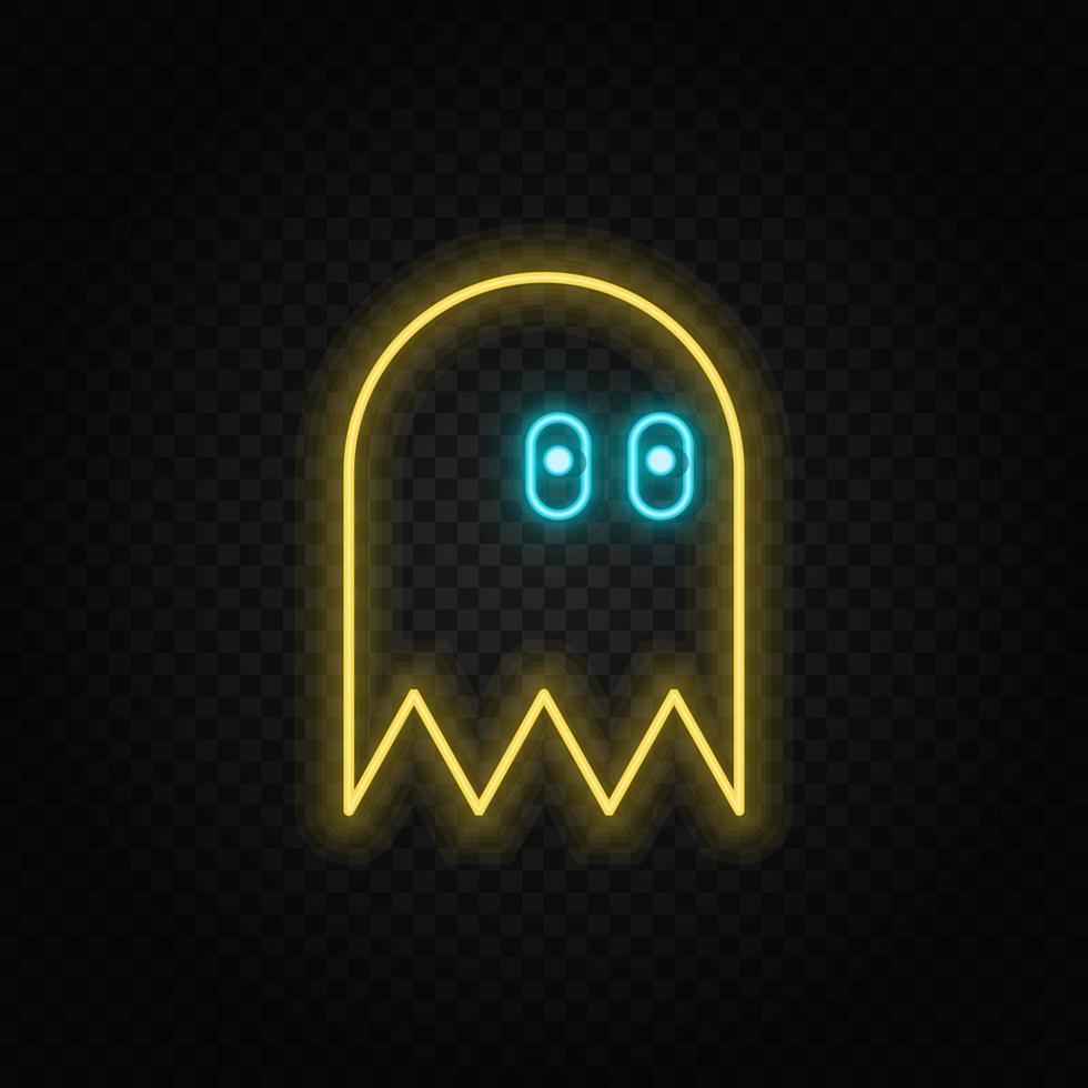 Game character, retro, arcade neon icon. Blue and yellow neon vector icon. Vector transparent background