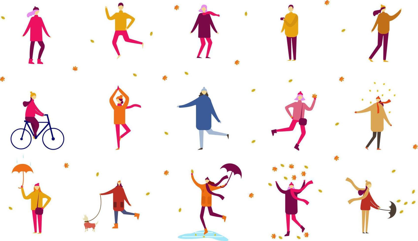 People in the autumn park having fun, walking the dog, riding bicycle, jumping on puddle, playing with autumn leaves, man with umbrella and bulldog. Set casual men and women in forest in fall vector. vector