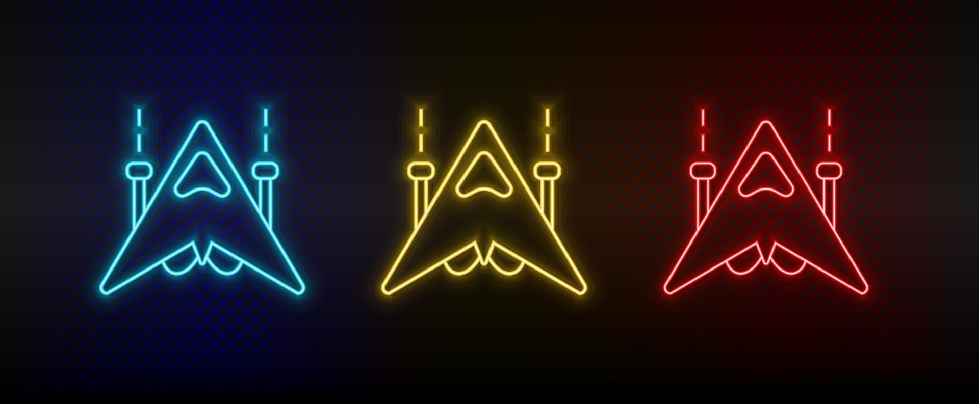 Neon icons. Rocked ship spacecraft retro. Set of red, blue, yellow neon vector icon on darken background