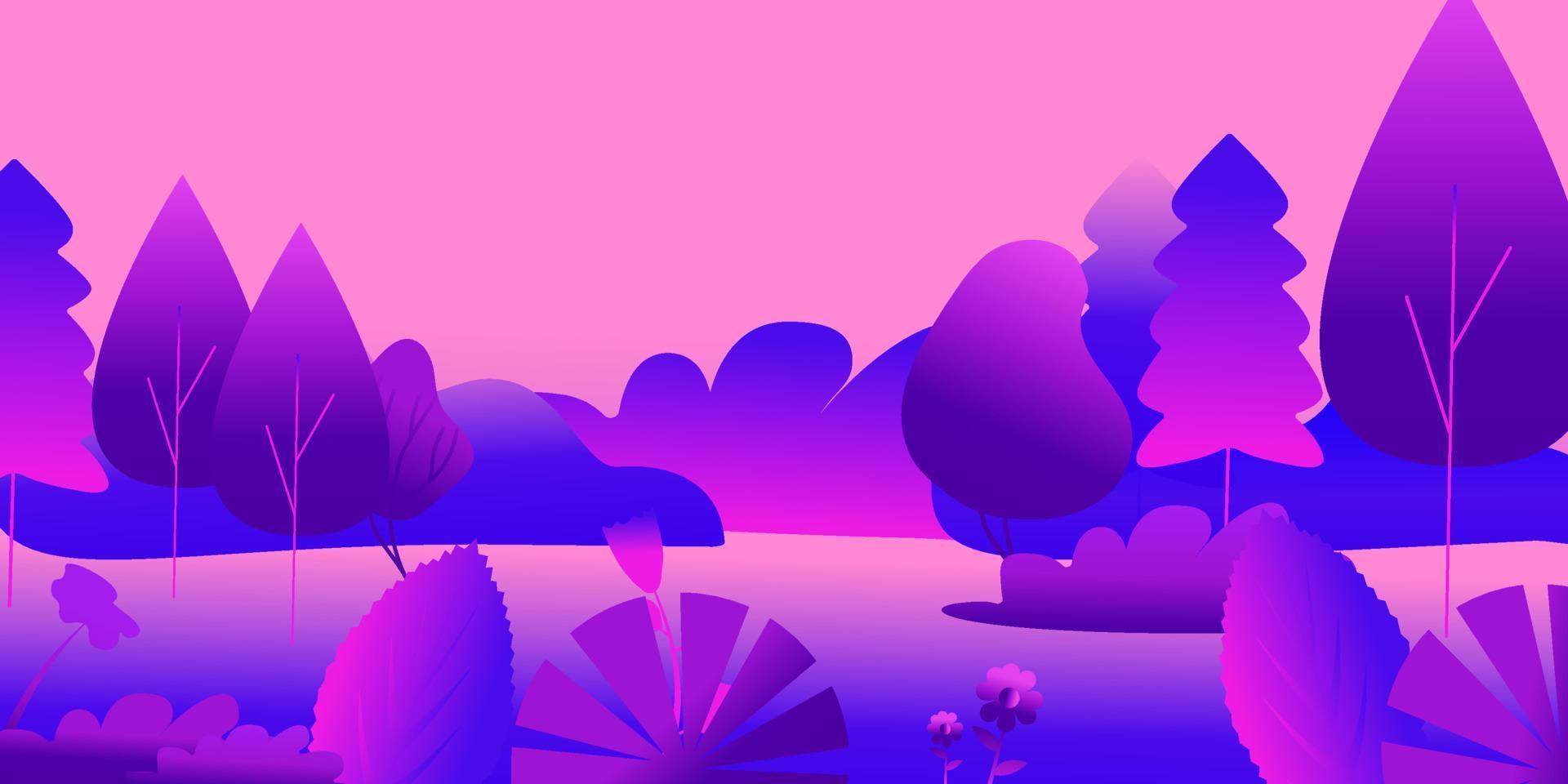 Abstract multicolored fantasy forest with river, fairy tale forest in flat design, beautiful vector illustrator