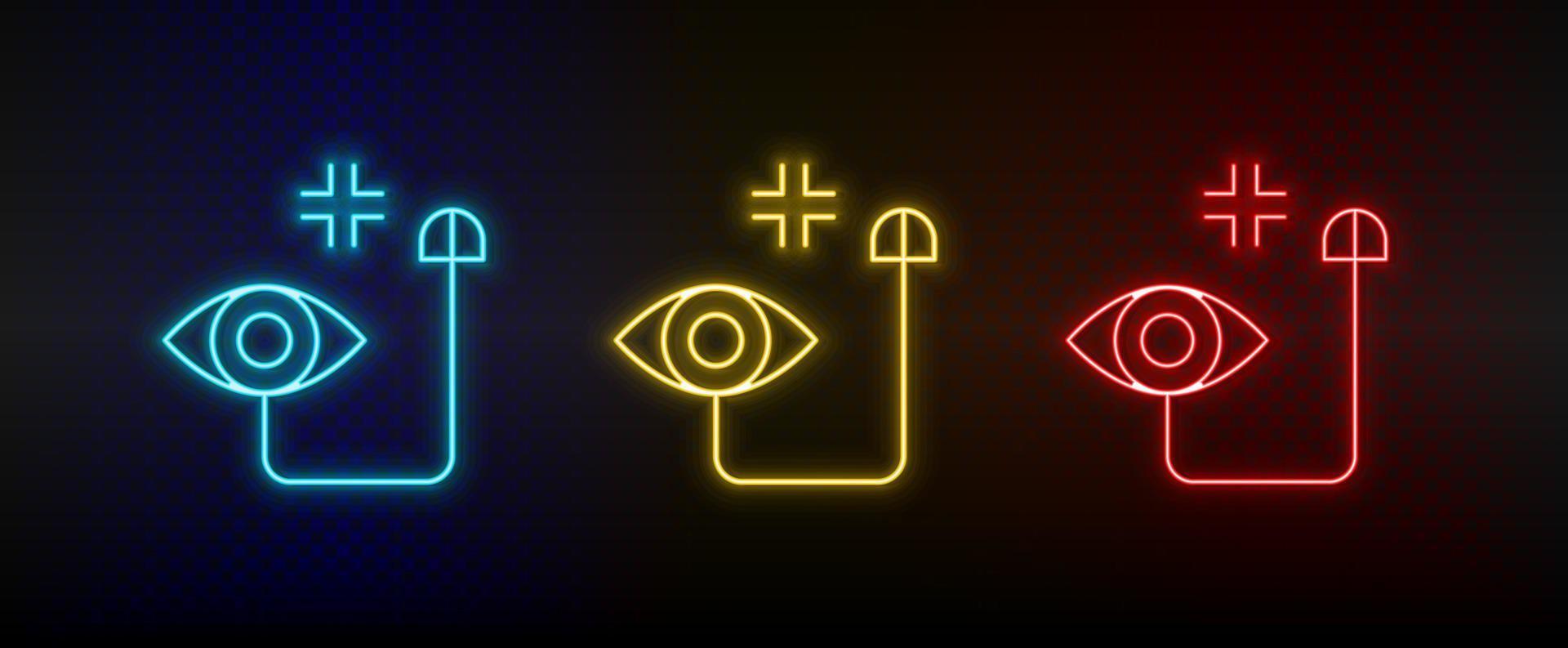 Neon icons. click internet tech smart. Set of red, blue, yellow neon vector icon on darken background