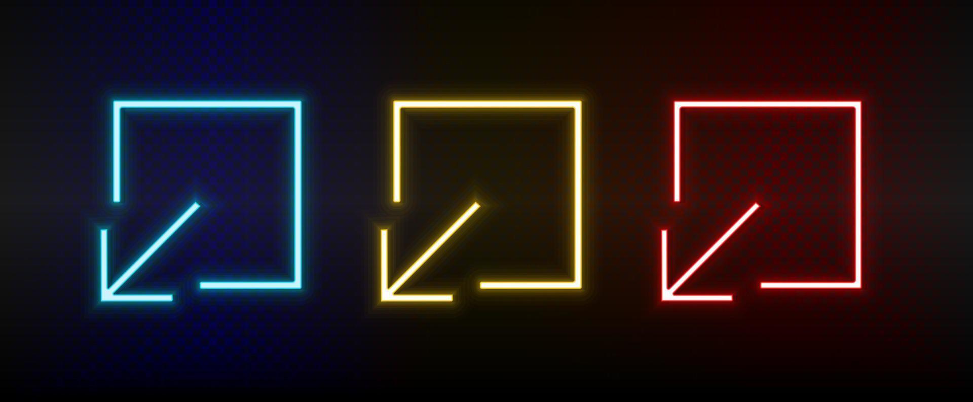 Neon icons. Ui arrow. Set of red, blue, yellow neon vector icon on darken background