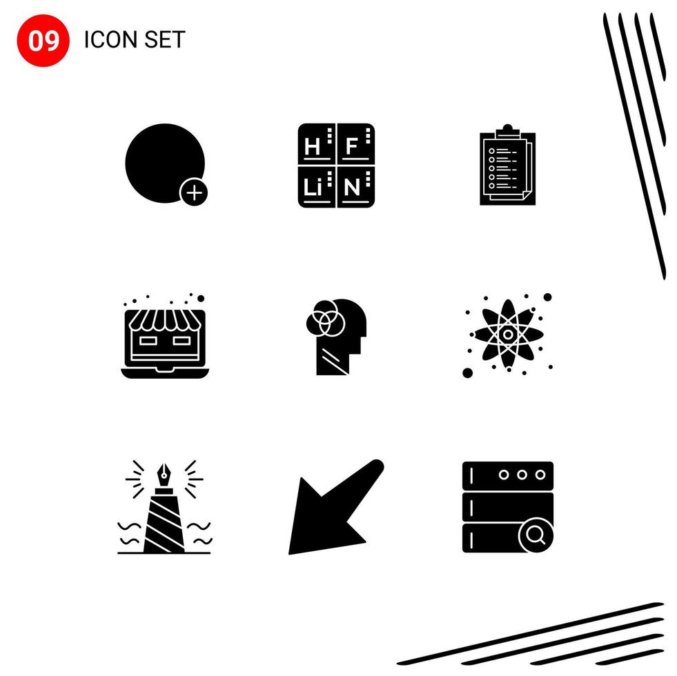 Set of 9 Vector Solid Glyphs on Grid for human online store notepad web laptop Editable Vector Design Elements