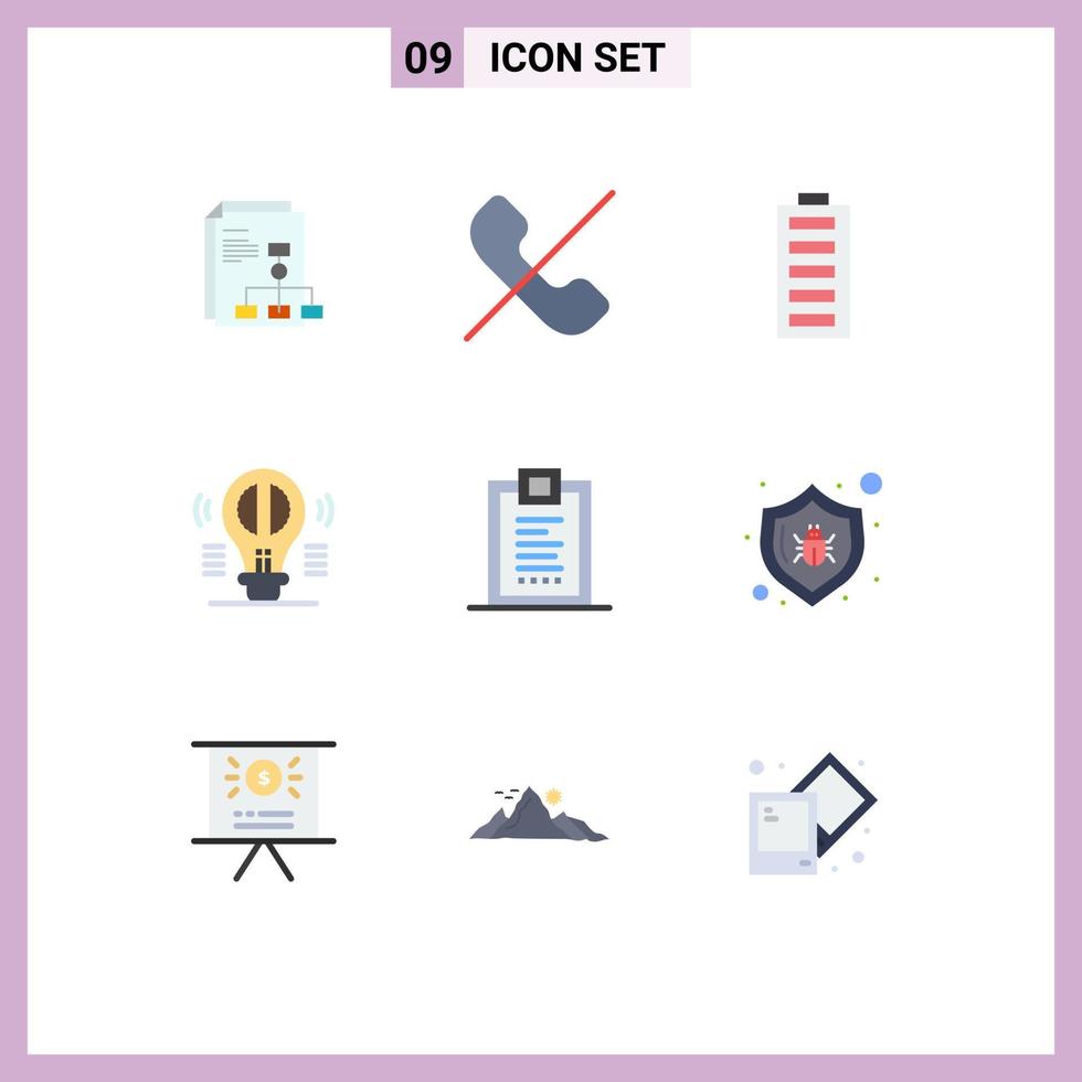 Pack of 9 Modern Flat Colors Signs and Symbols for Web Print Media such as thinking creative thinking battery bulb full Editable Vector Design Elements