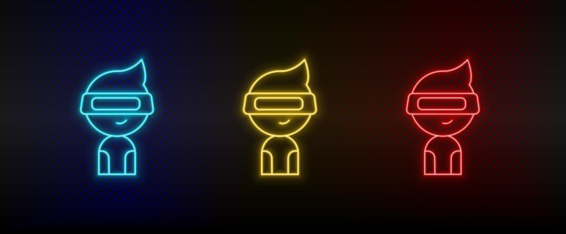 Neon icons. Vr glasses retro arcade. Set of red, blue, yellow neon vector icon on darken background
