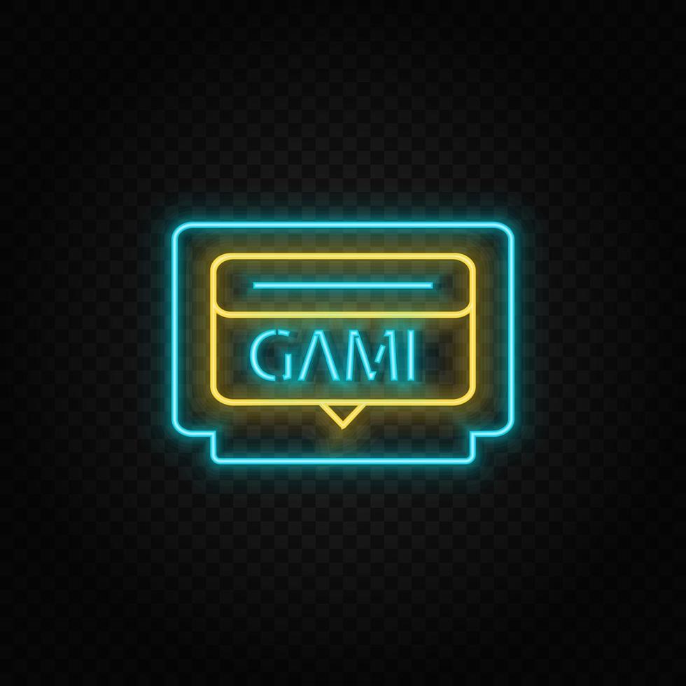 Game cartridge, retro, arcade neon icon. Blue and yellow neon vector icon. Vector transparent background