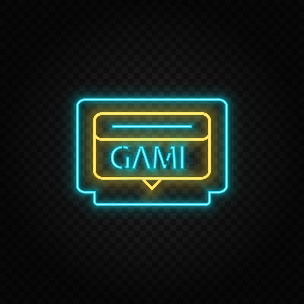 Game cartridge, retro, arcade neon icon. Blue and yellow neon vector icon. Vector transparent background