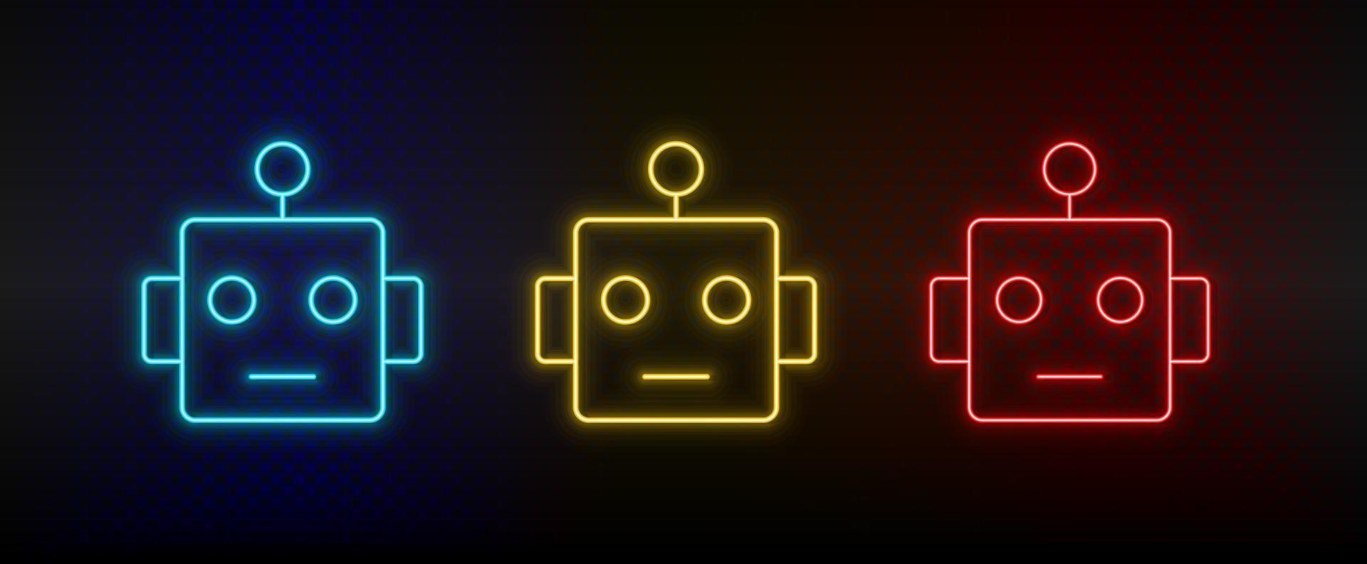 Neon icons. smart robot. Set of red, blue, yellow neon vector icon on darken background