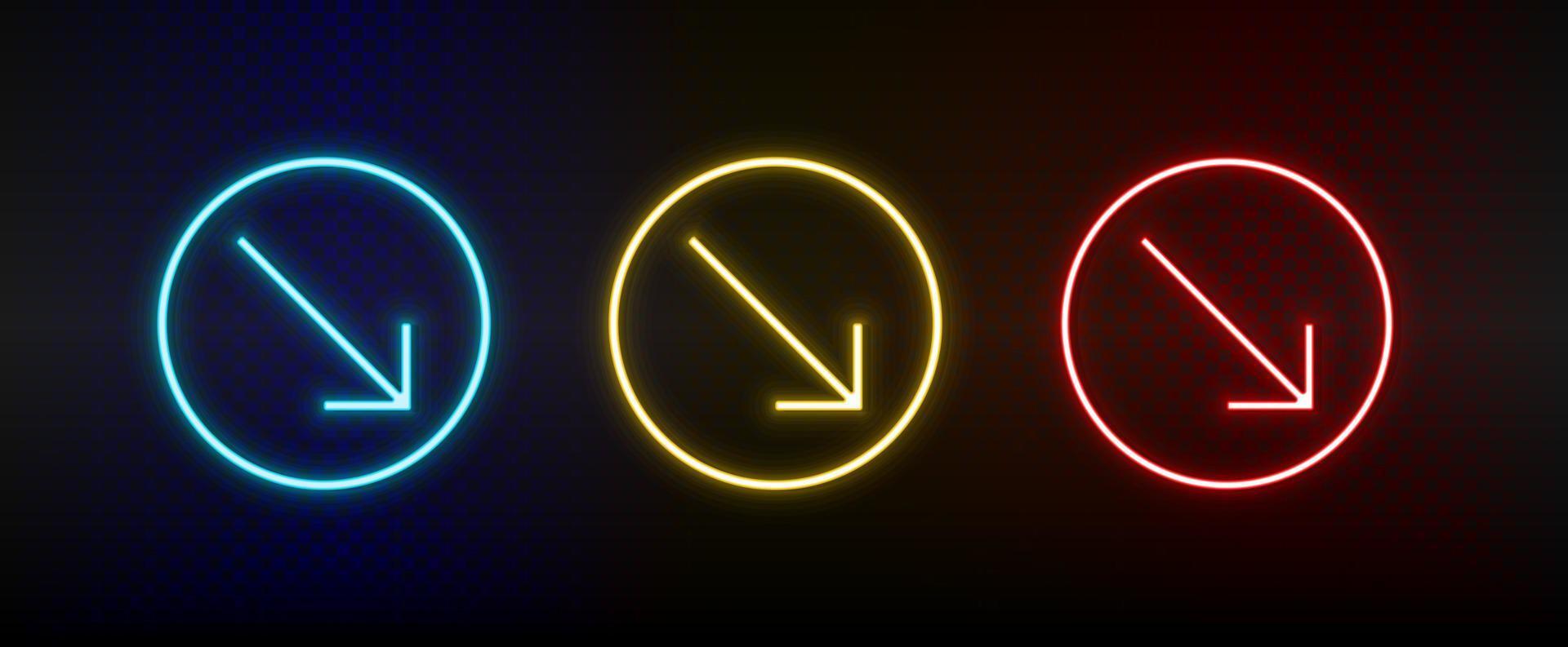 Neon icons. Ui arrow. Set of red, blue, yellow neon vector icon on darken background