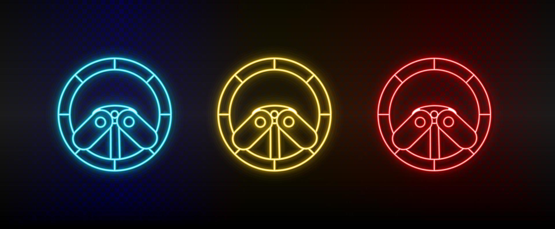 Neon icons. Racing game driving wheel. Set of red, blue, yellow neon vector icon on darken background