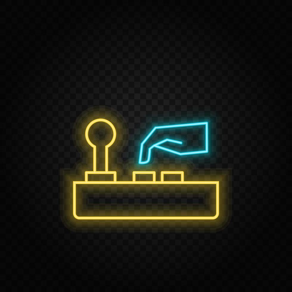 arcade, joystick, icono de neón del juego. icono de vector de neón azul y amarillo. fondo transparente de vectores