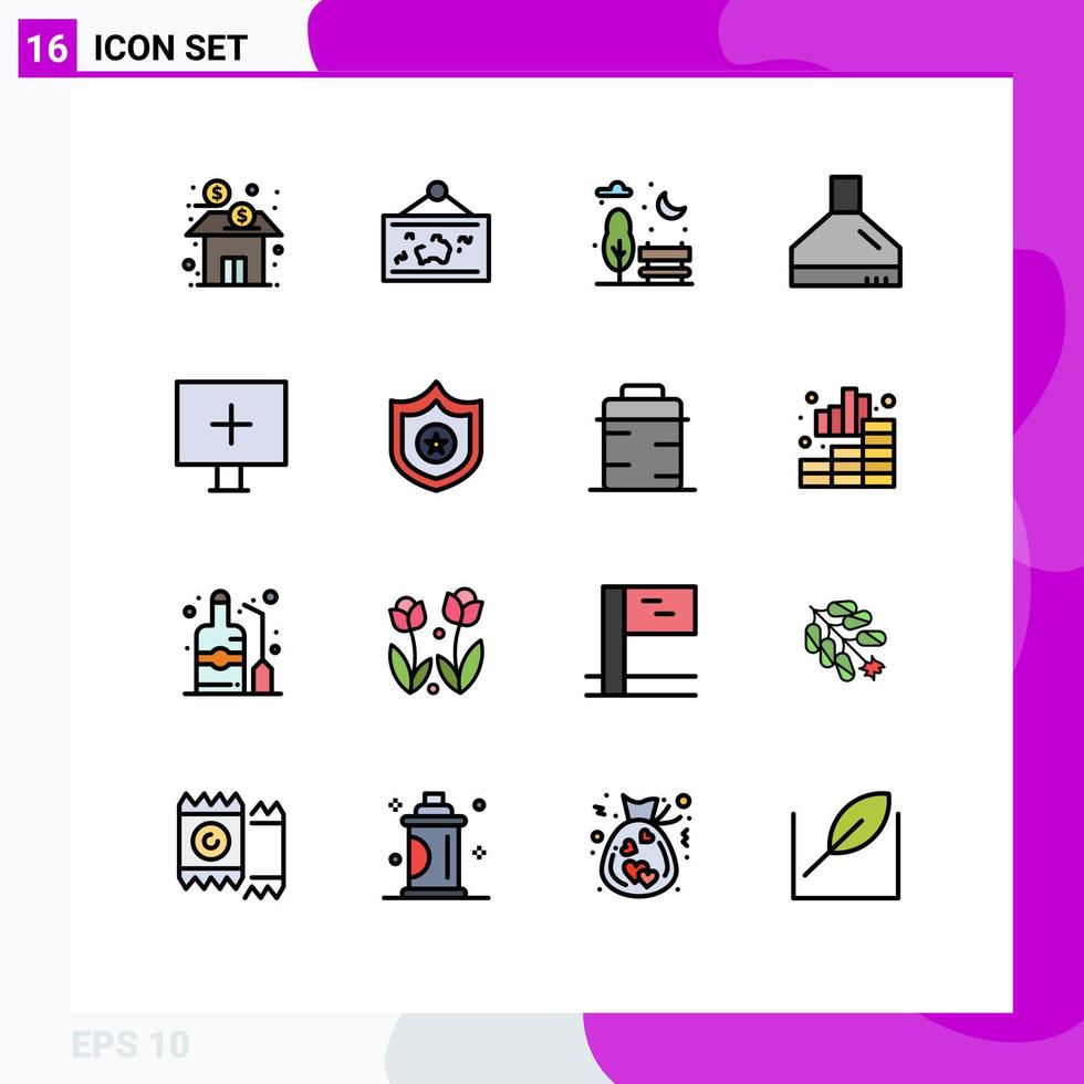 16 Universal Flat Color Filled Line Signs Symbols of alert kitchen photo fan park Editable Creative Vector Design Elements