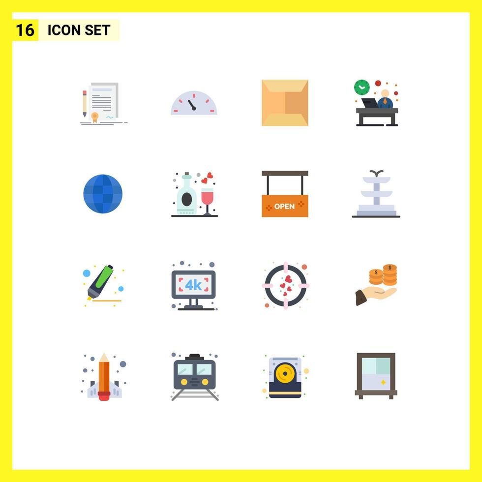 Set of 16 Modern UI Icons Symbols Signs for globe reception envelope hour front Editable Pack of Creative Vector Design Elements