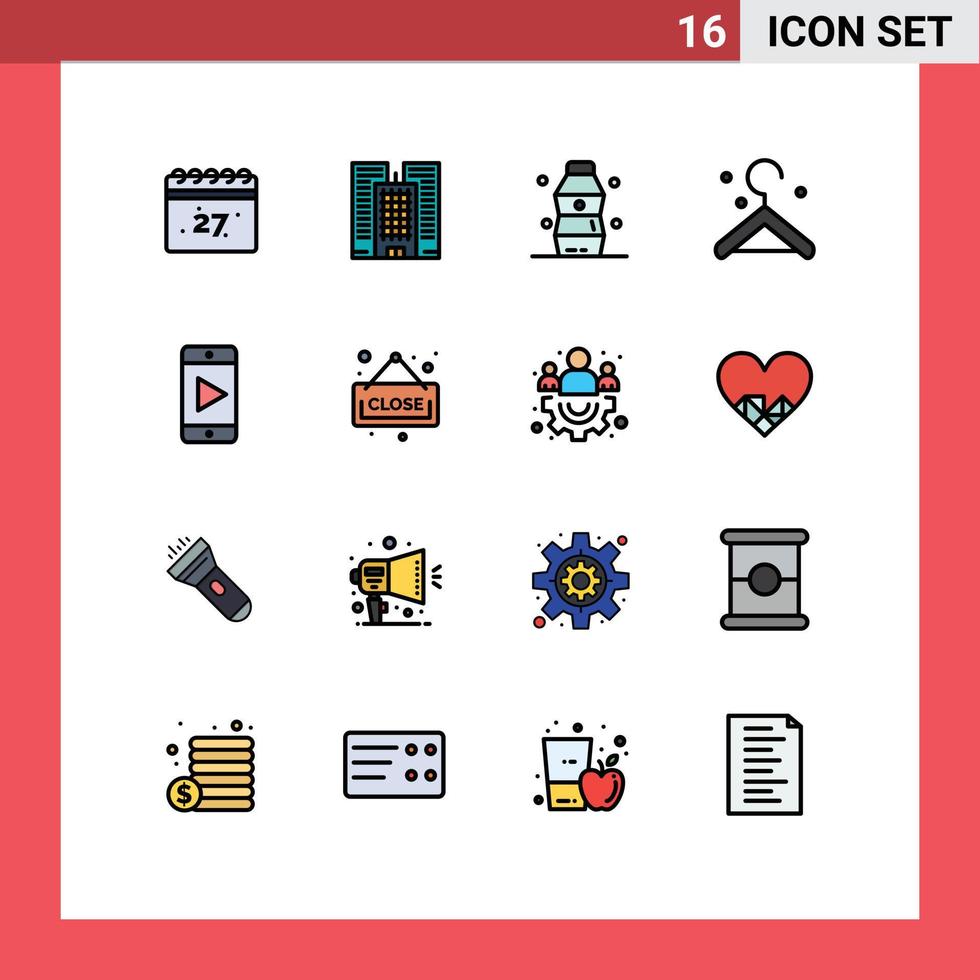 grupo de símbolos de iconos universales de 16 líneas llenas de colores planos modernos de compras cerca de video de alimentos elementos de diseño de vectores creativos editables móviles