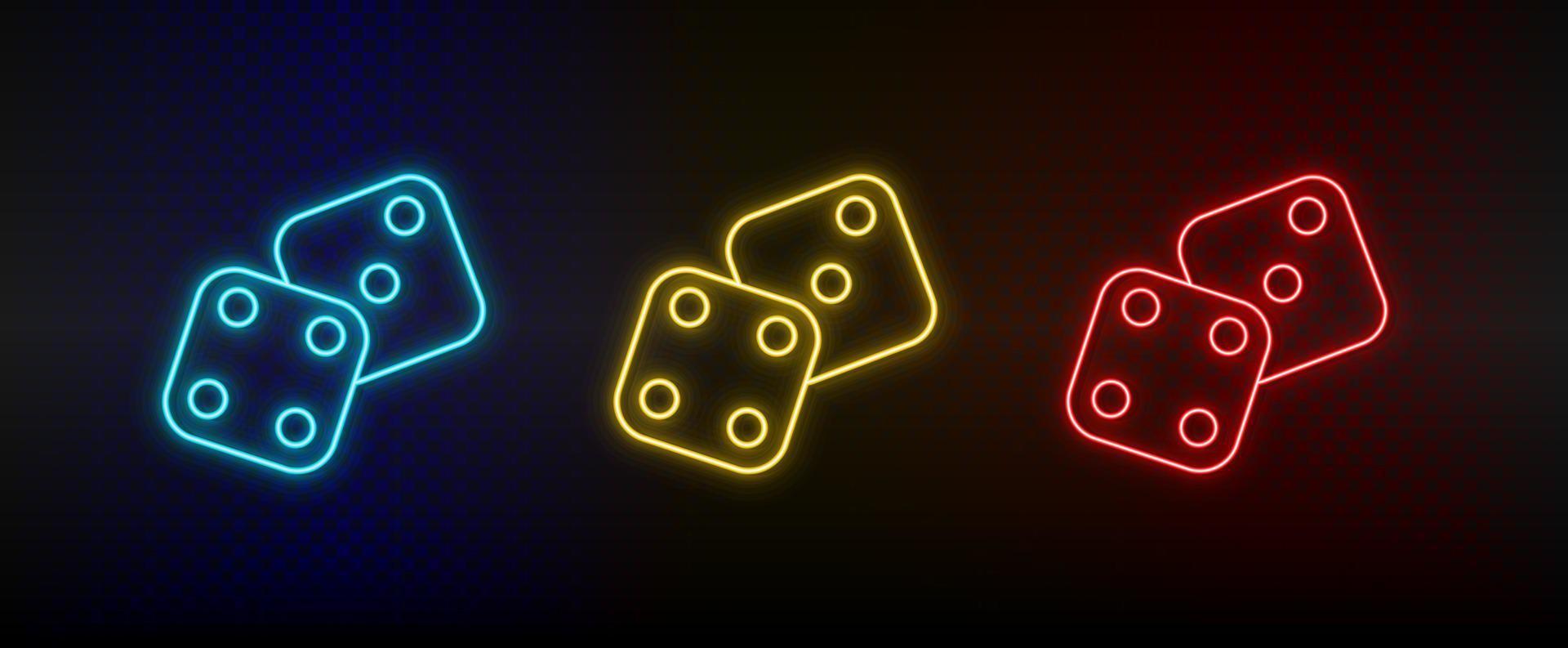 Neon icons. Gambling luck dices retro. Set of red, blue, yellow neon vector icon on darken background