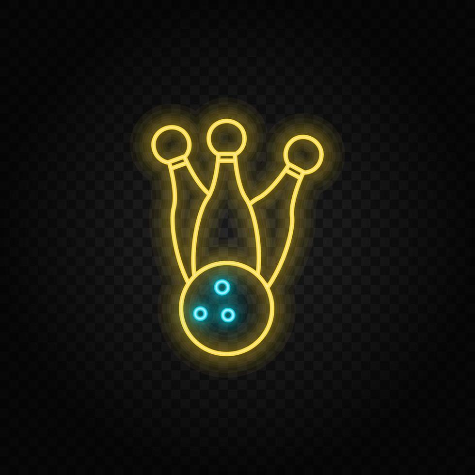 Bowling, pins, ball, retro neon icon. Blue and yellow neon vector icon. Vector transparent background