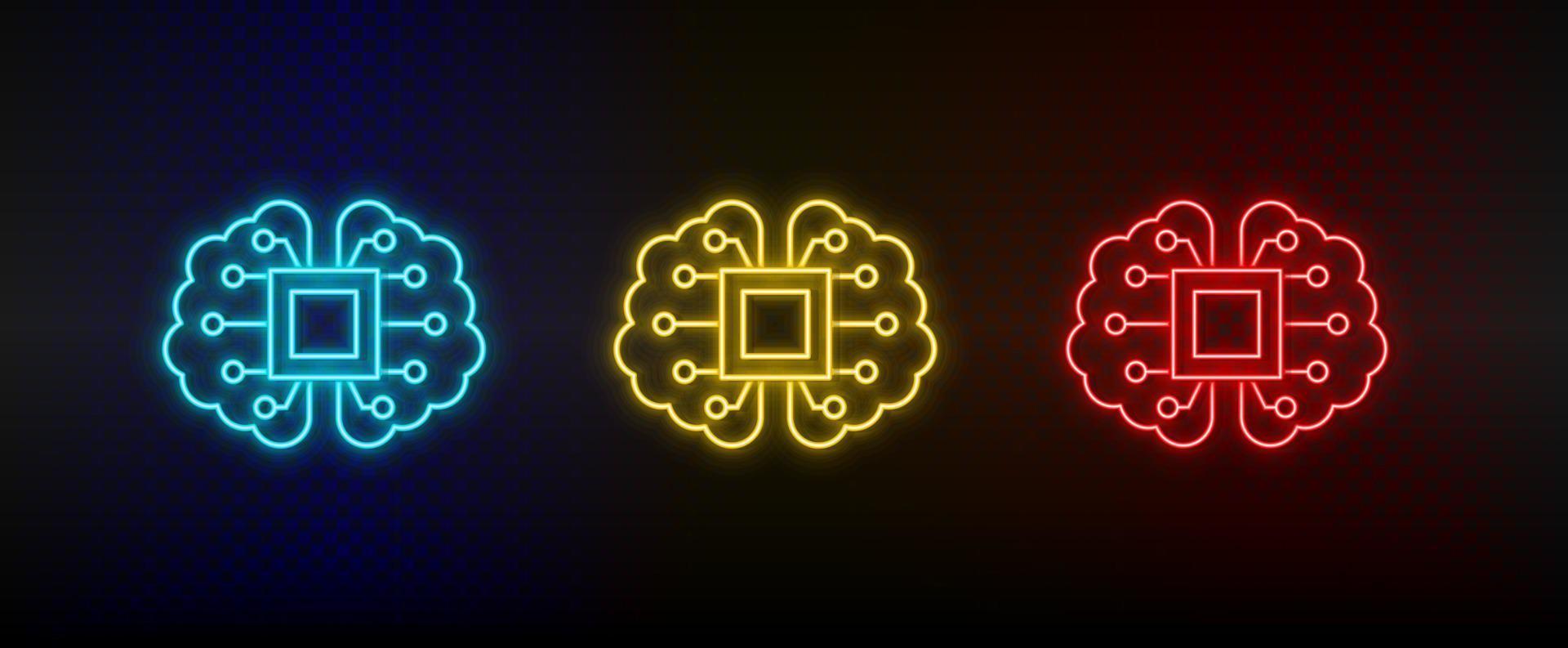 Neon icons. brain mechanism intelligence. Set of red, blue, yellow neon vector icon on darken background