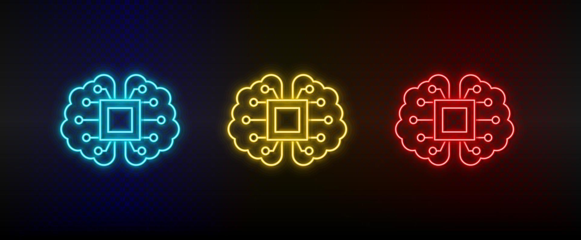 iconos de neón. Inteligencia del mecanismo cerebral. conjunto de icono de vector de neón rojo, azul, amarillo sobre fondo oscuro