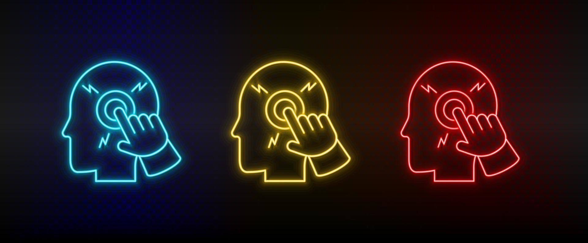 Neon icons. computer down shut smart brain man. Set of red, blue, yellow neon vector icon on darken background