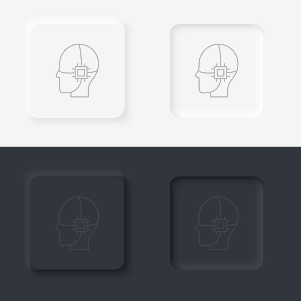 Drive, internal, intelligence neumorphic style vector icon, brain, chip icon - Vector. Artificial intelligence neumorphic style vector icon set