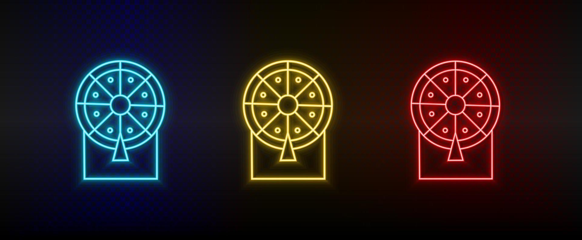 Neon icons. Casino luck lottery retro. Set of red, blue, yellow neon vector icon on darken background