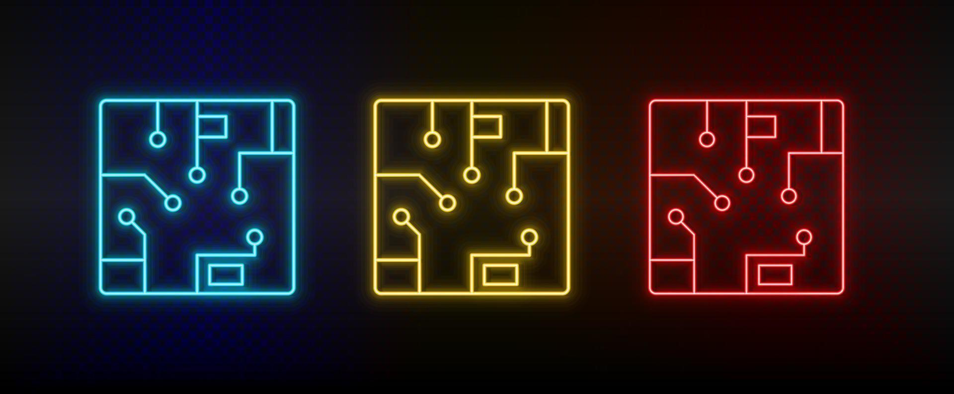 Neon icons. chip computer. Set of red, blue, yellow neon vector icon on darken background